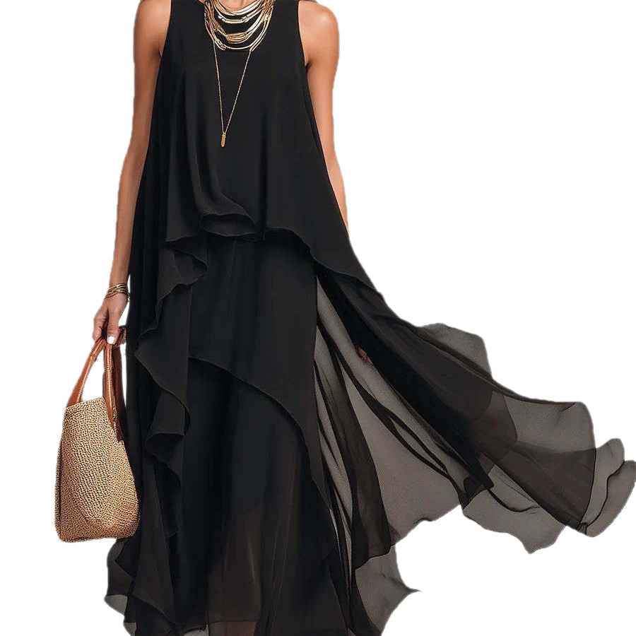 Chic Flowy Black Sleeveless Asymmetrical Chiffon Long Dress