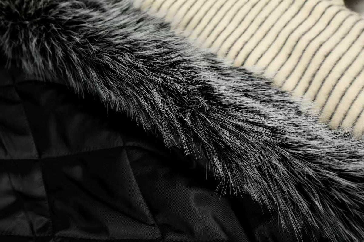 Striped Faux-Fur Collar Hooded Jacket - OMYGOODS