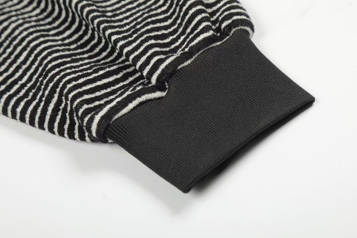 Studded Bear Ear Striped Zip-Up Hoodie - OMYGOODS