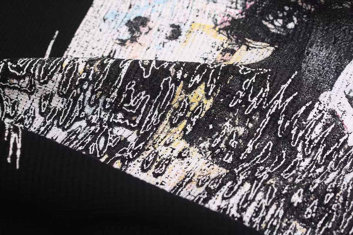 Studded Grunge Collage Portrait Print Waffle Knit Long Sleeve - OMYGOODS