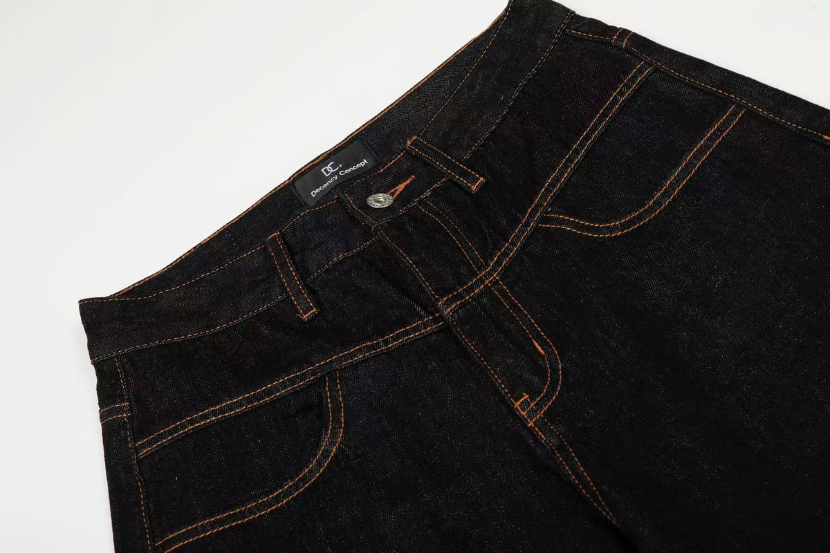 Contrast Stitch Raw Black Baggy Jeans - OMYGOODS