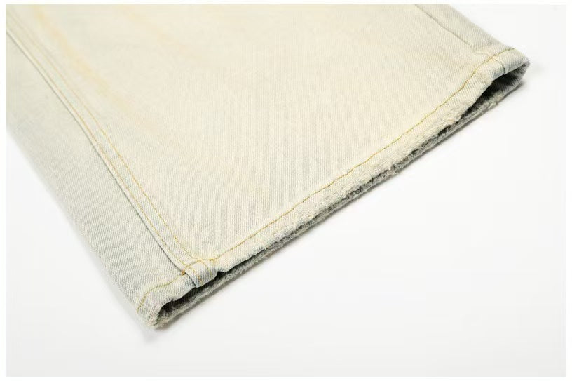 Dirty Yellow Pleated Whisker Wash Wide-Leg Jeans - OMYGOODS