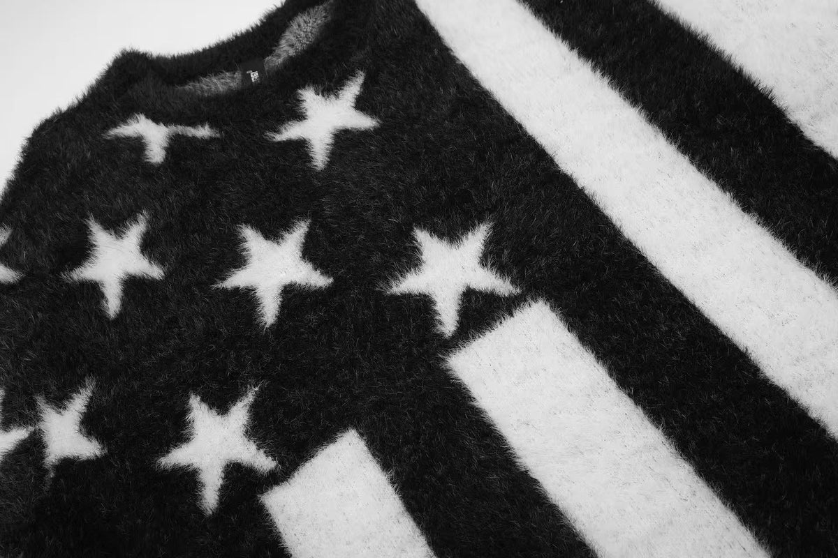 Black White Star & Striper Fuzzy Knit Sweater - OMYGOODS