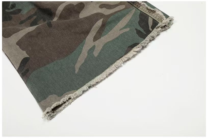 Camo Double Waist Frayed Edge Wide-Leg Cargo Pants - OMYGOODS