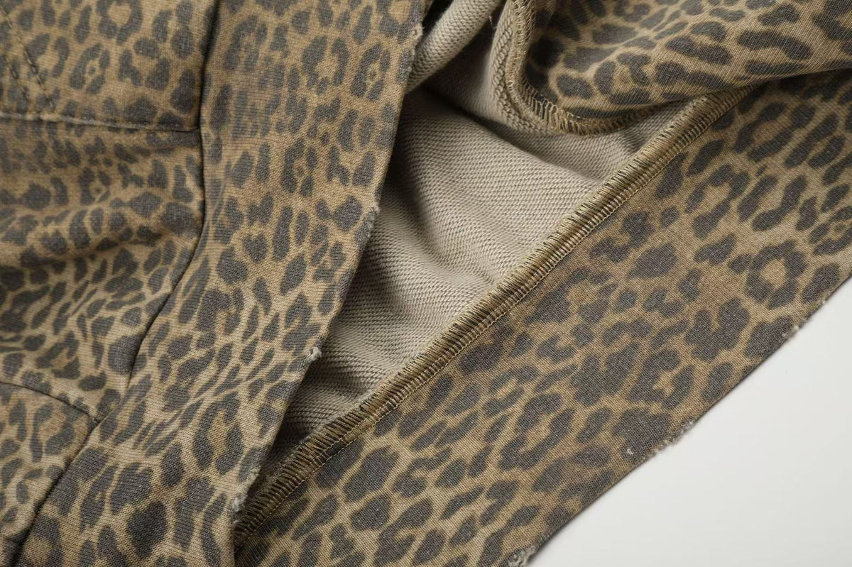 Vintage Leopard Print Distressed Letter Graphic Zip-Up Hoodie, OMYGOODS