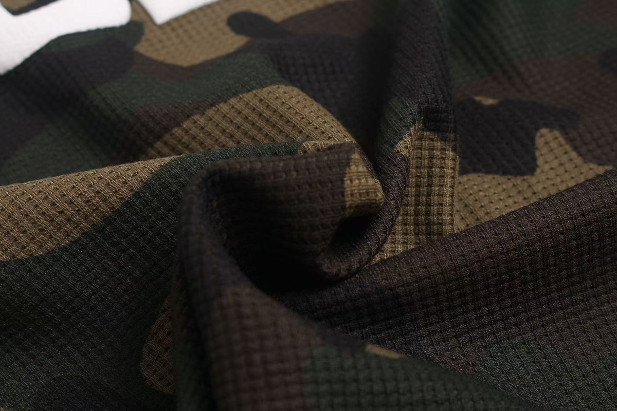 Vintage Camo Front & Back Letter Graphic Waffle Knit Long Sleeve - OMYGOODS