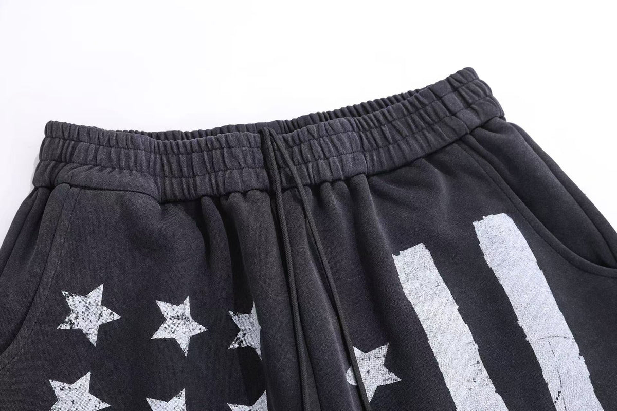 Streetwear Washed Stars and Stripes Print Wide-Leg Sweatpants - OMYGOODS