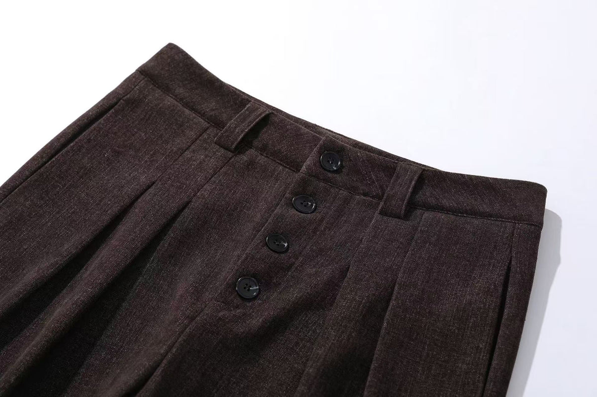 High Waist Button Front Pleated Wide Leg Wool Blend Suit Pants - OMYGOODS
