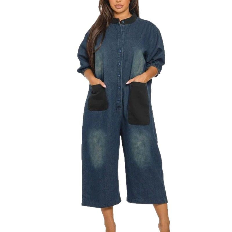 Style Patchwork Color-Blocking Large Pocket Wide-Leg Jumpsuit