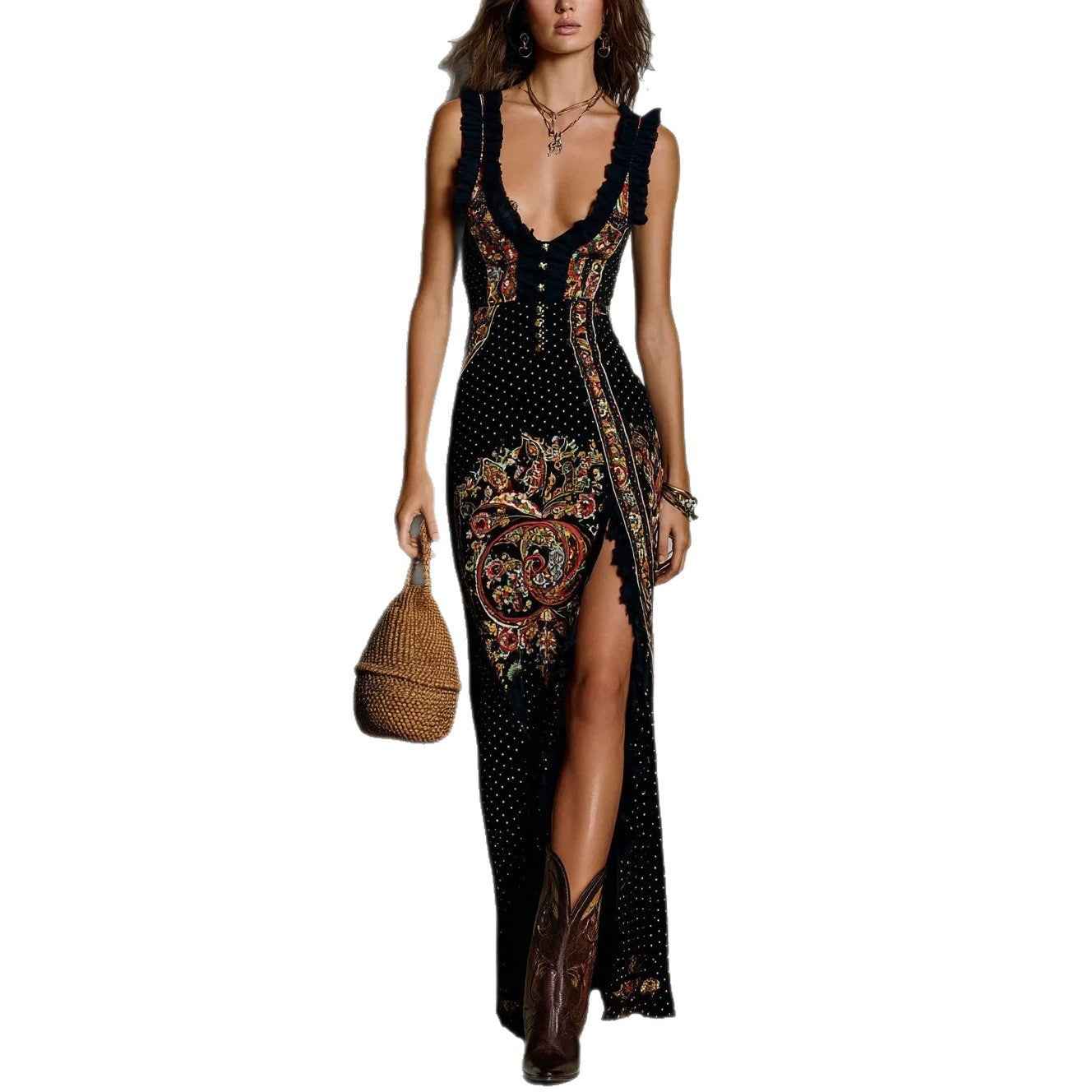 Style Digital Print Sleeveless Split Long Dress
