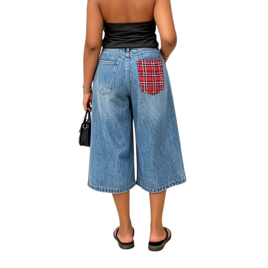 Patchwork Checkered Washed Seven-Quarter Denim Pants