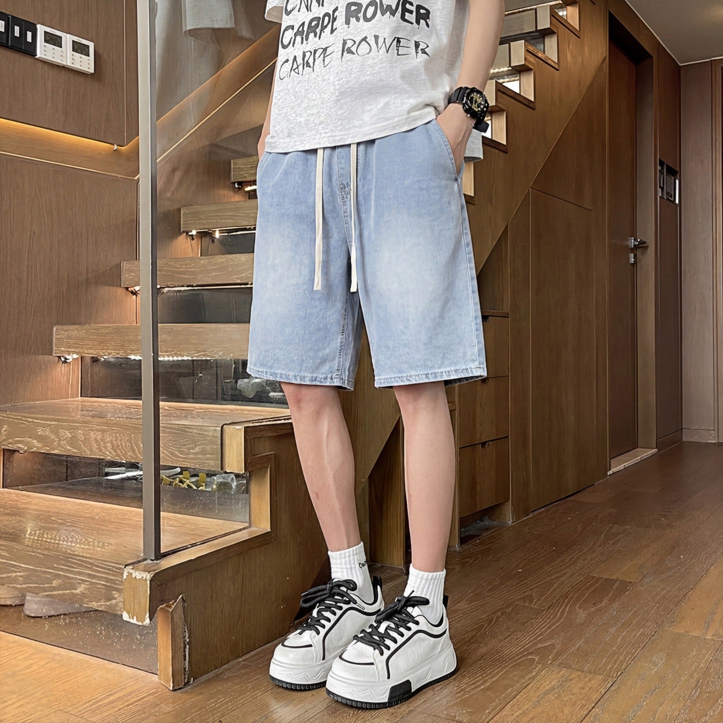 Ice Silk Denim Shorts Men's Five-Quarter Pants