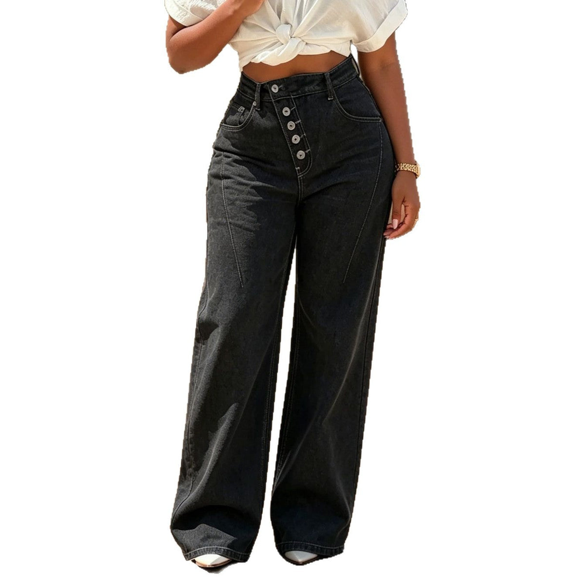NewTopstitching Multi-button Fly Front Denim Pants - OMYGOODS