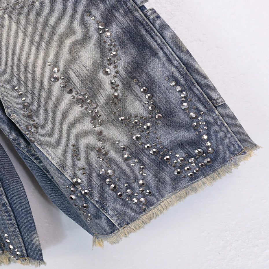Streetwear Rhinestone Graphic Jeans Shorts