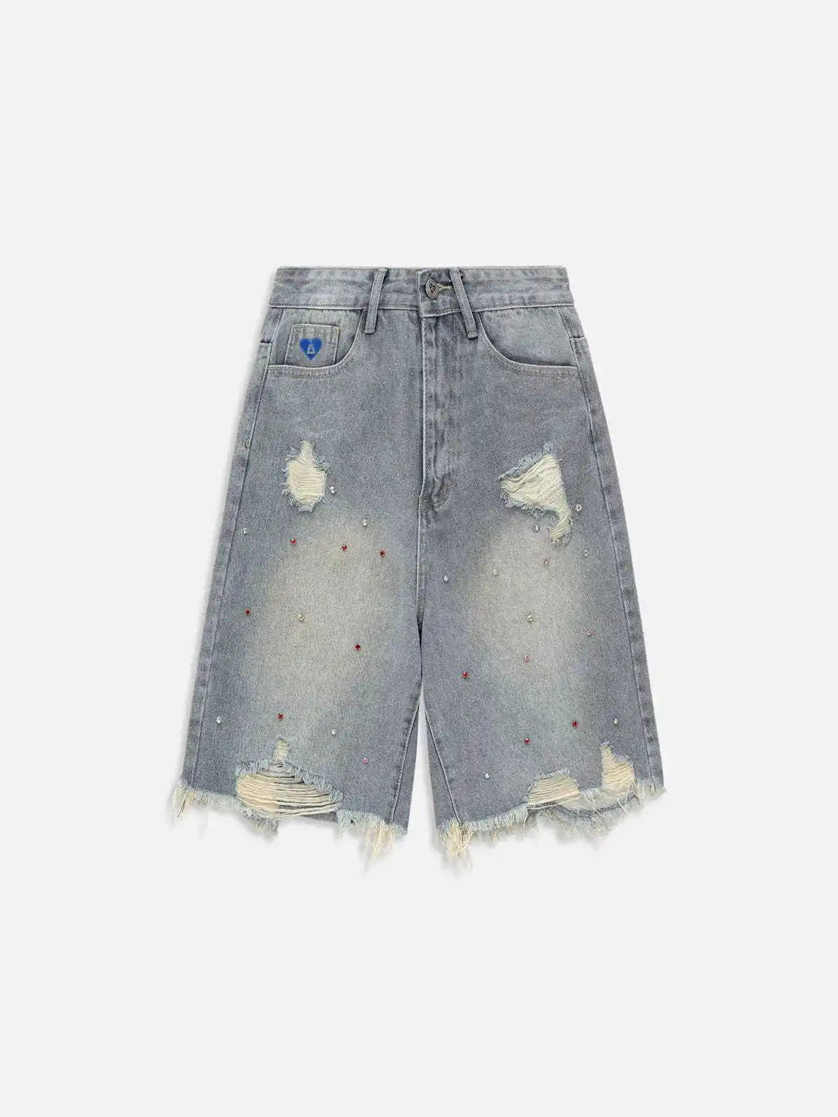 Rhinestone Embellished Pattern Embroidered Straight Denim Shorts