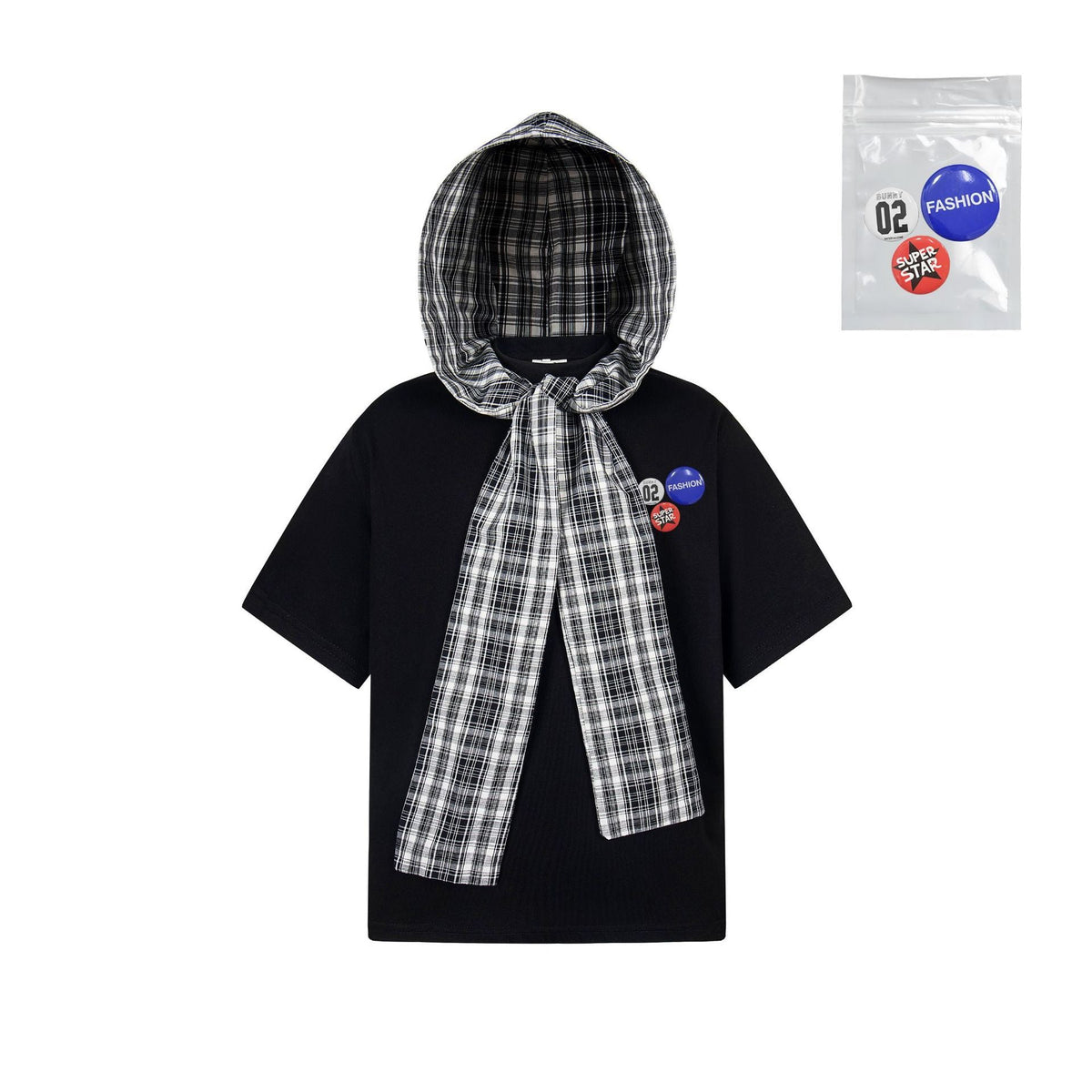 Detachable Badge | Hooded Plaid Cape T-shirt - OMYGOODS