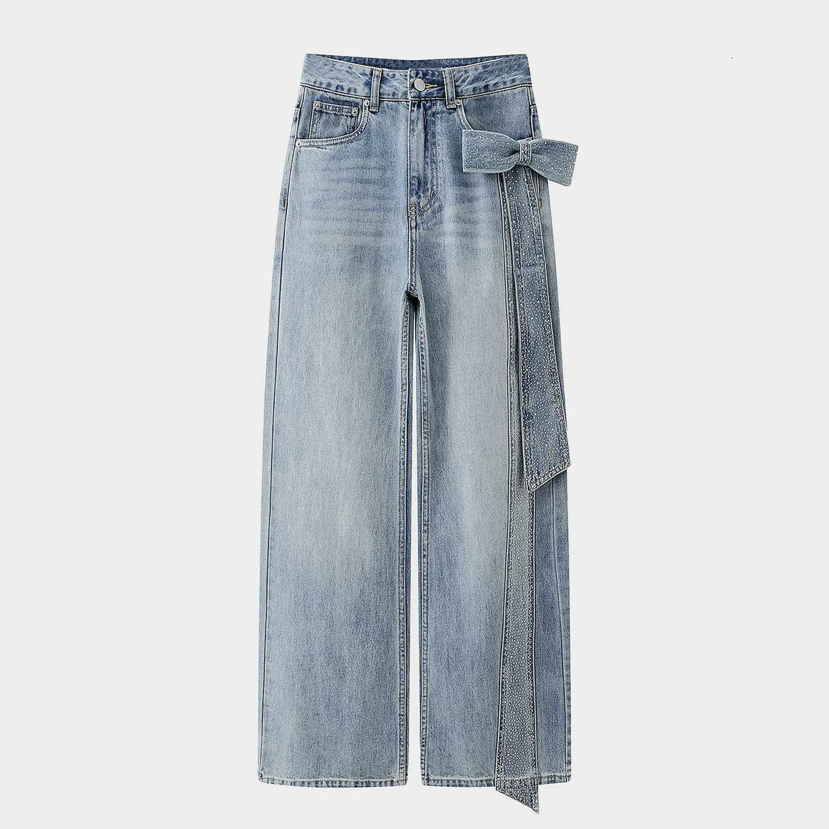 Fashion Heavy Rhinestone Side Bow Decorated Washed Denim Pants