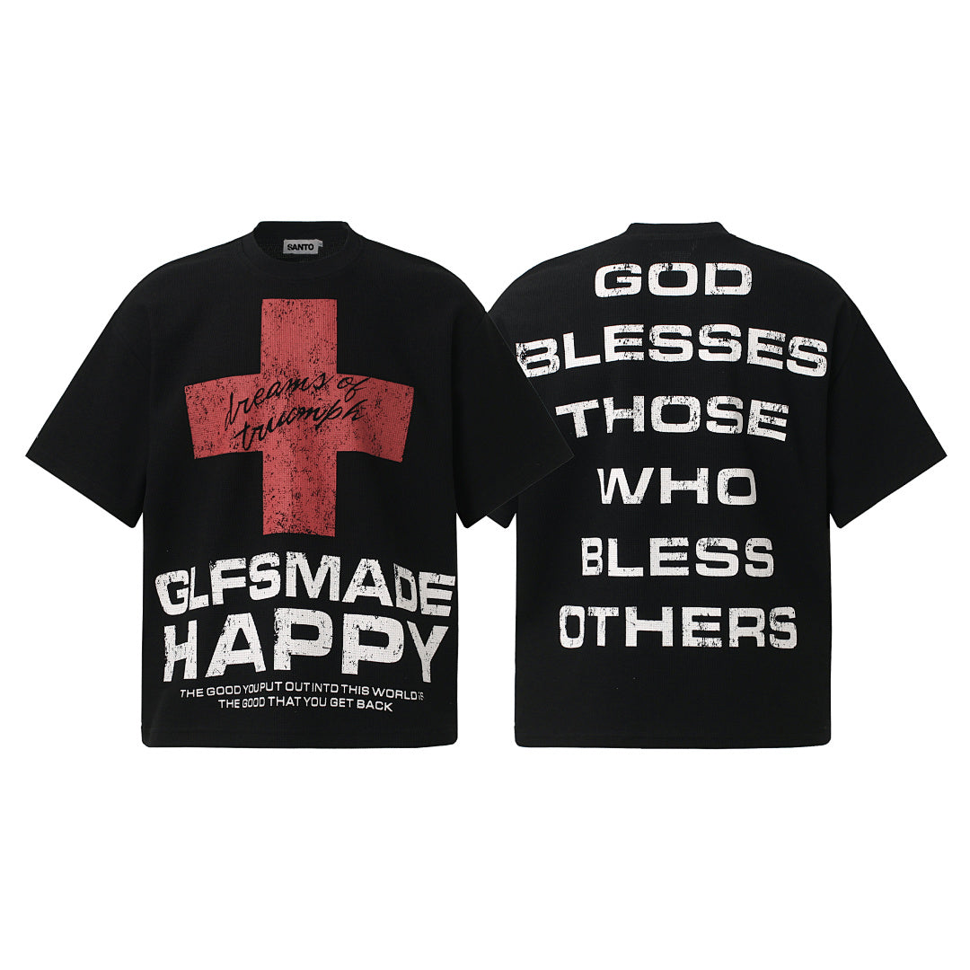 Oversized Red Cross Graphic Streetwear T-Shirt for Bold Style - OMYGOODS