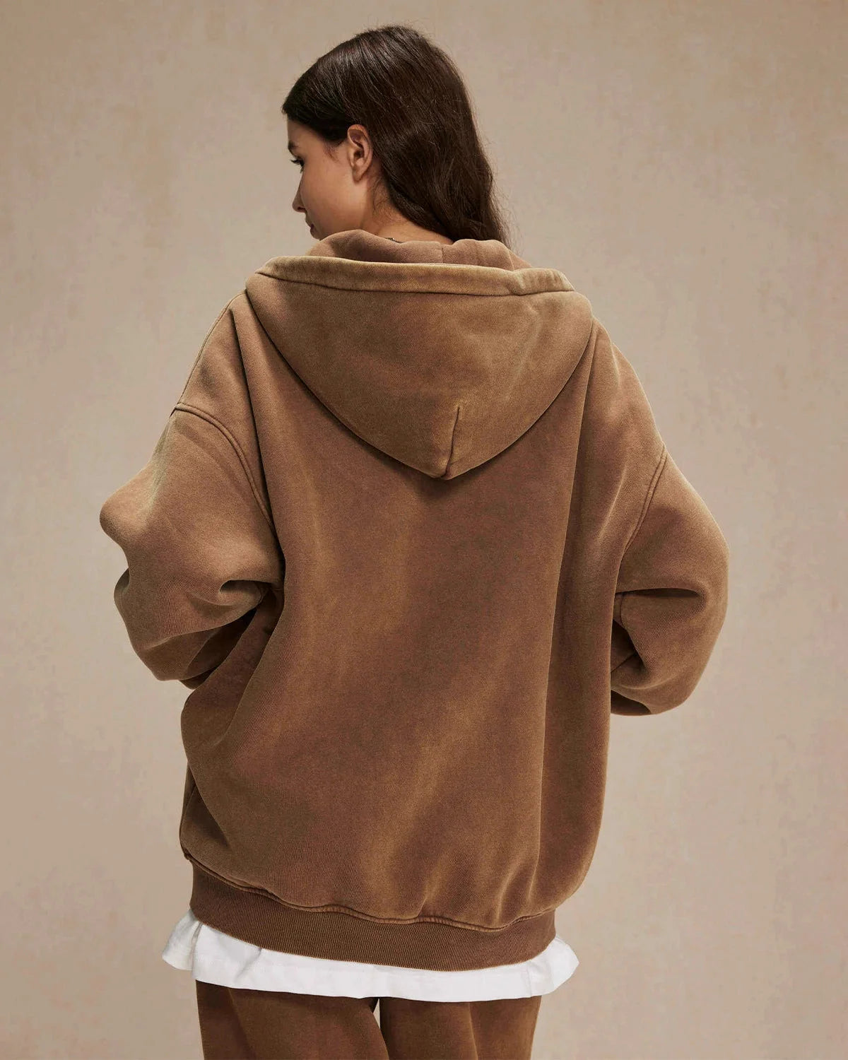 Omygoods Acid Washed Distressed Fleece Zip Up Hoodie