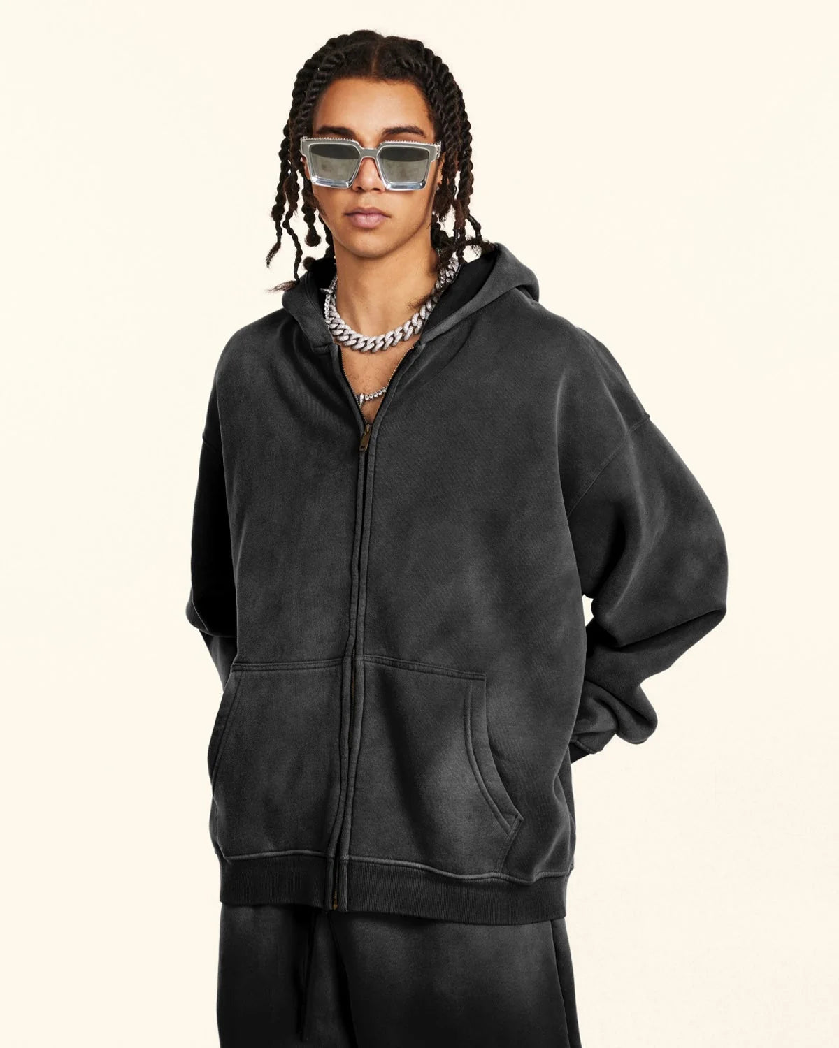 Omygoods Street Fit Acid Washed Zip Up Hoodie