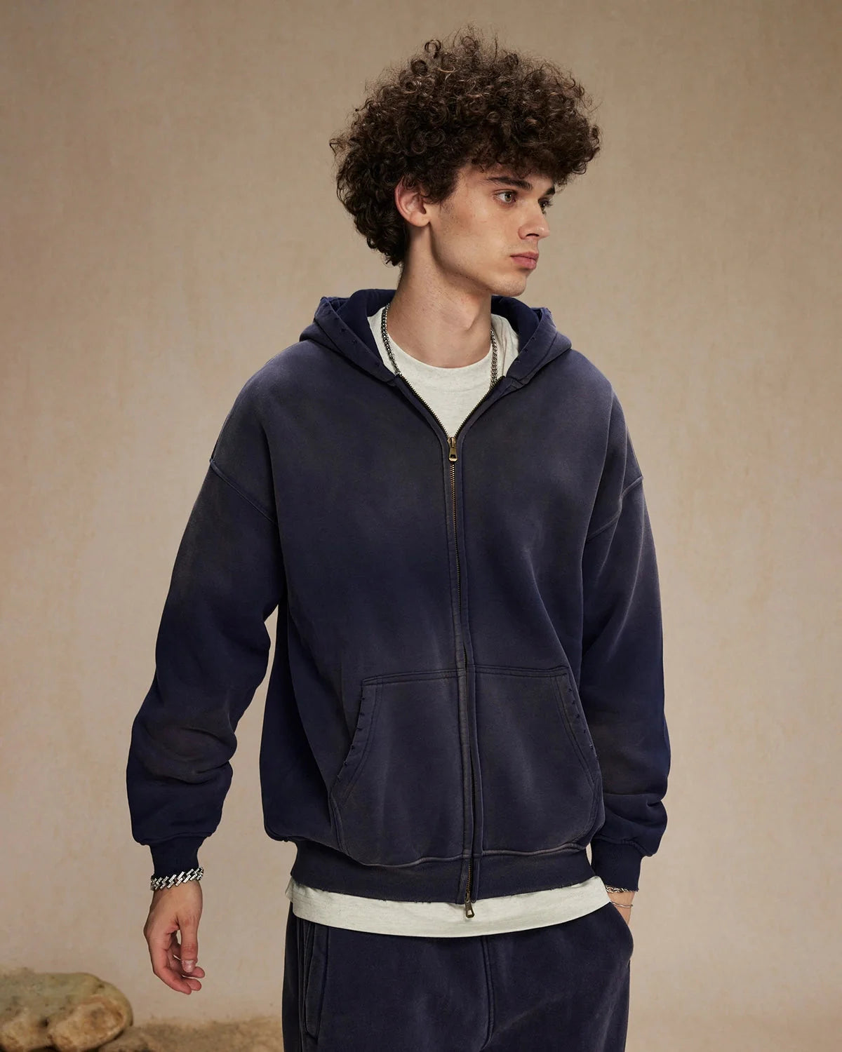 Omygoods Heavyweight Distressed Acid Washed Zip Up Hoodie