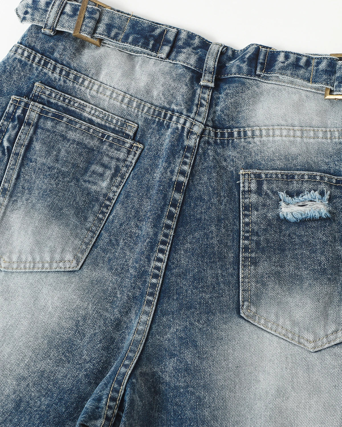 Omygoods Cinch Back Deconstructed Distressed Barrel Jeans