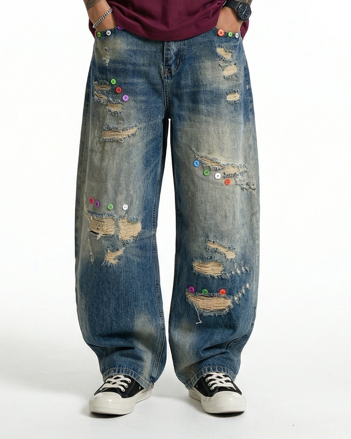 Omygoods Distressed Button Barrel Jeans