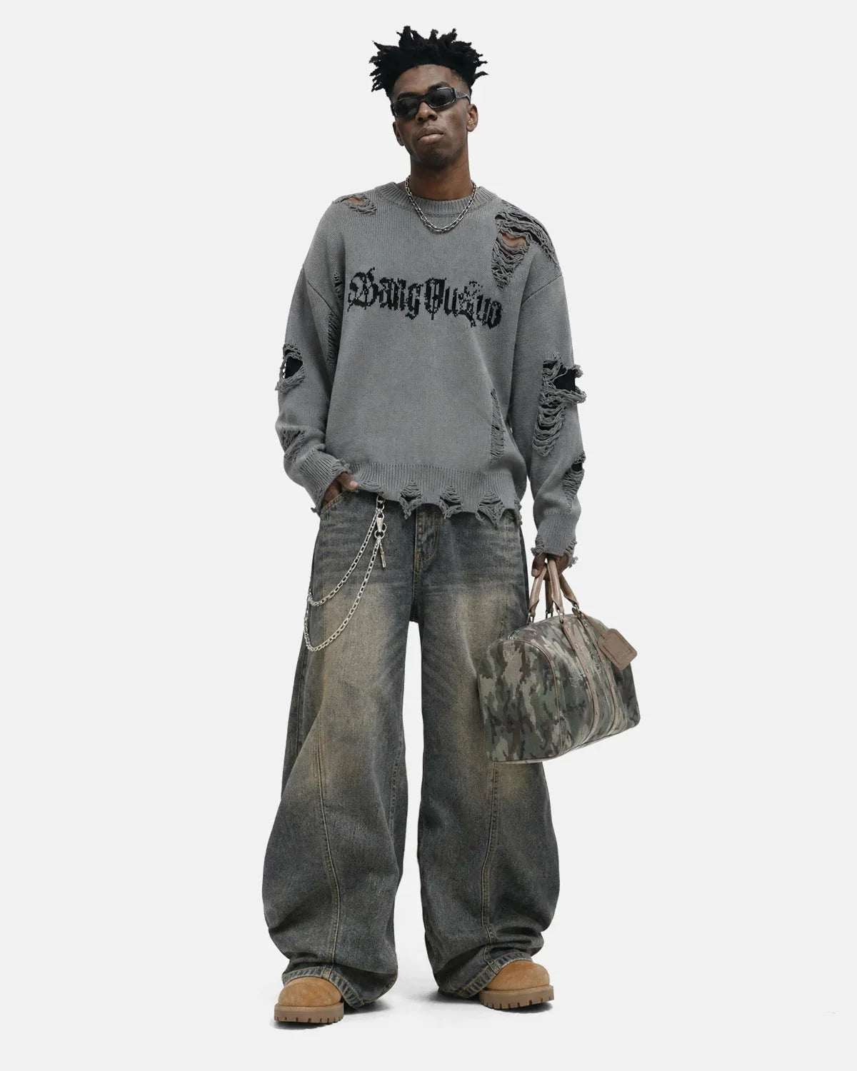 Omygoods Distressed Gothic Graphic Knit Sweater