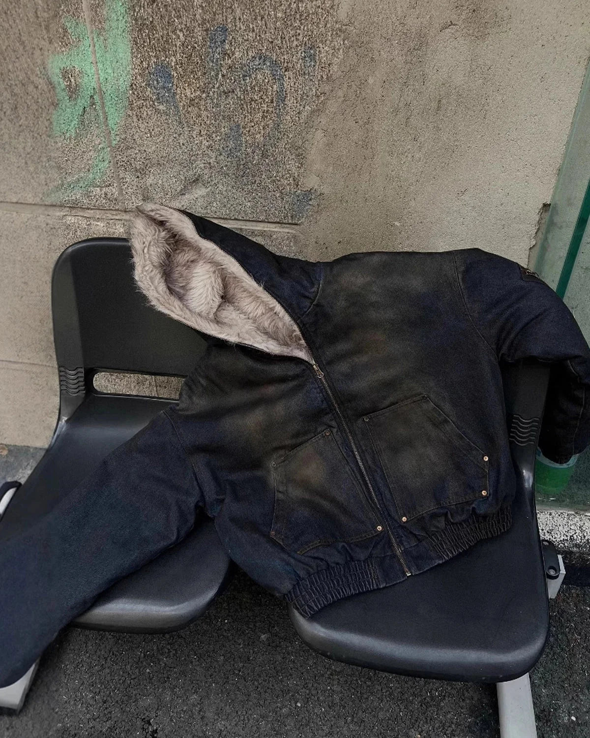 Omygoods Faux Fur Lined Acid Wash Bomber Jacket