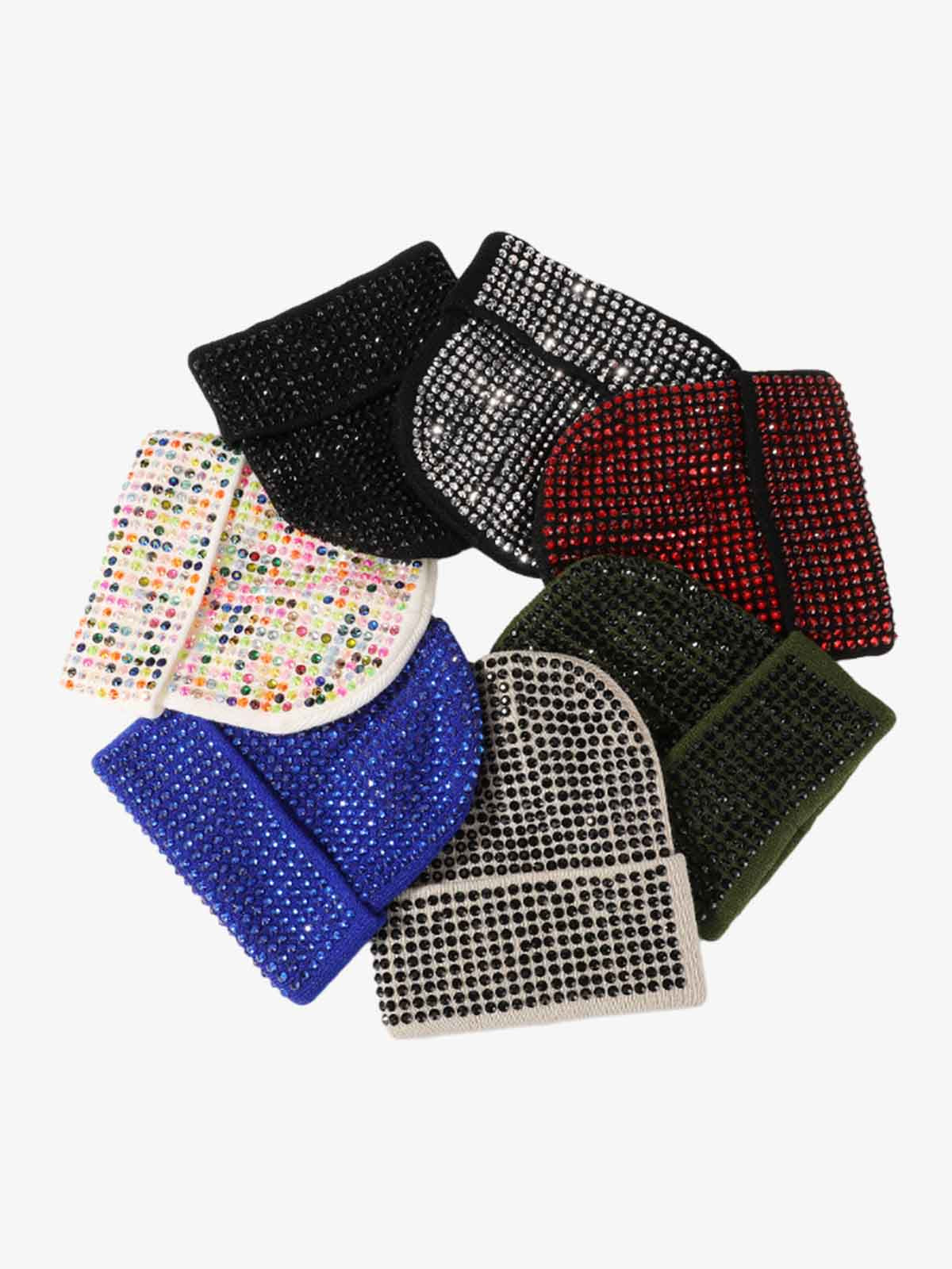 Omygoods Rhinestone Embellished Ribbed Knit Beanie Hat