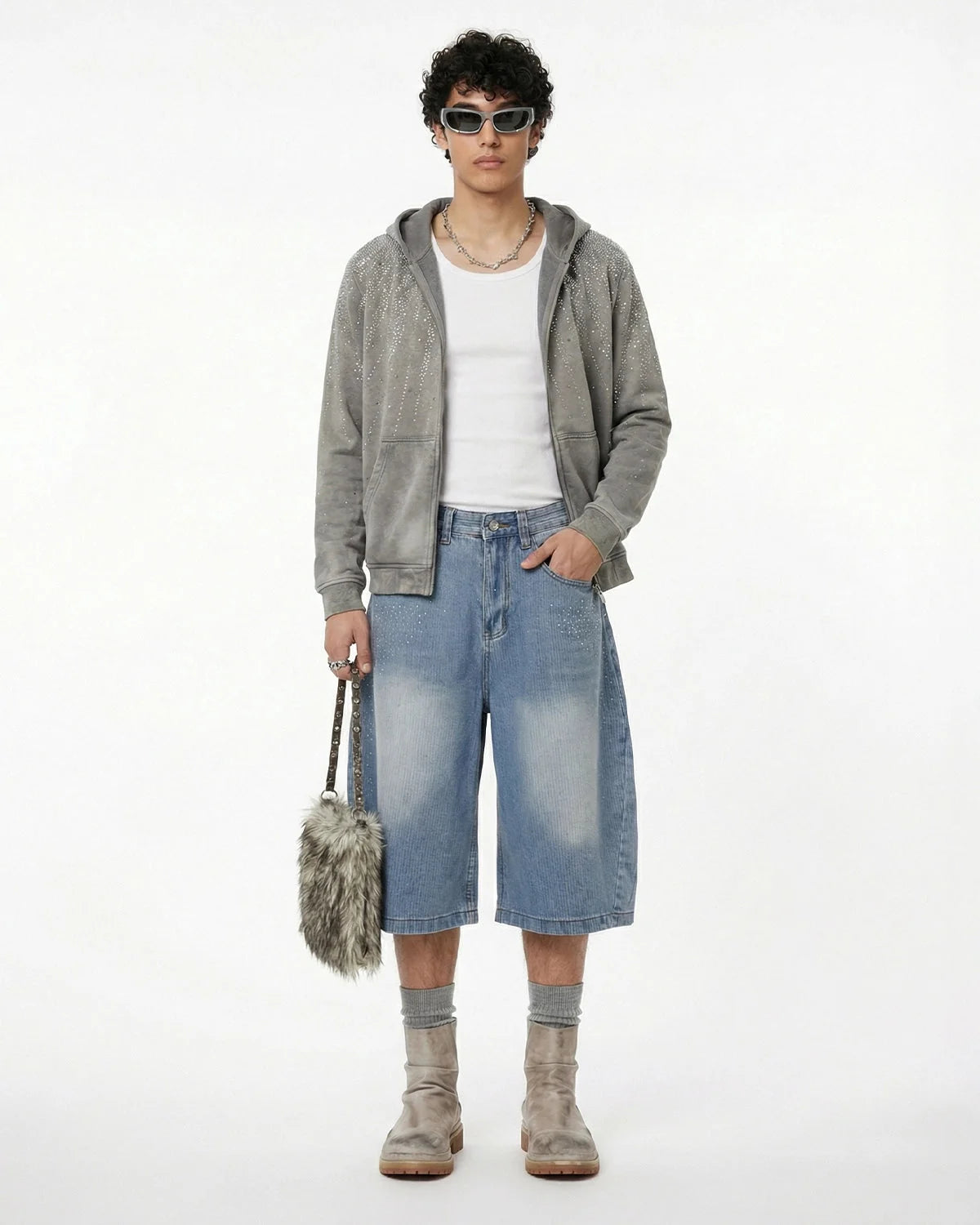 Omygoods Star Rhinestone Longline Denim Shorts