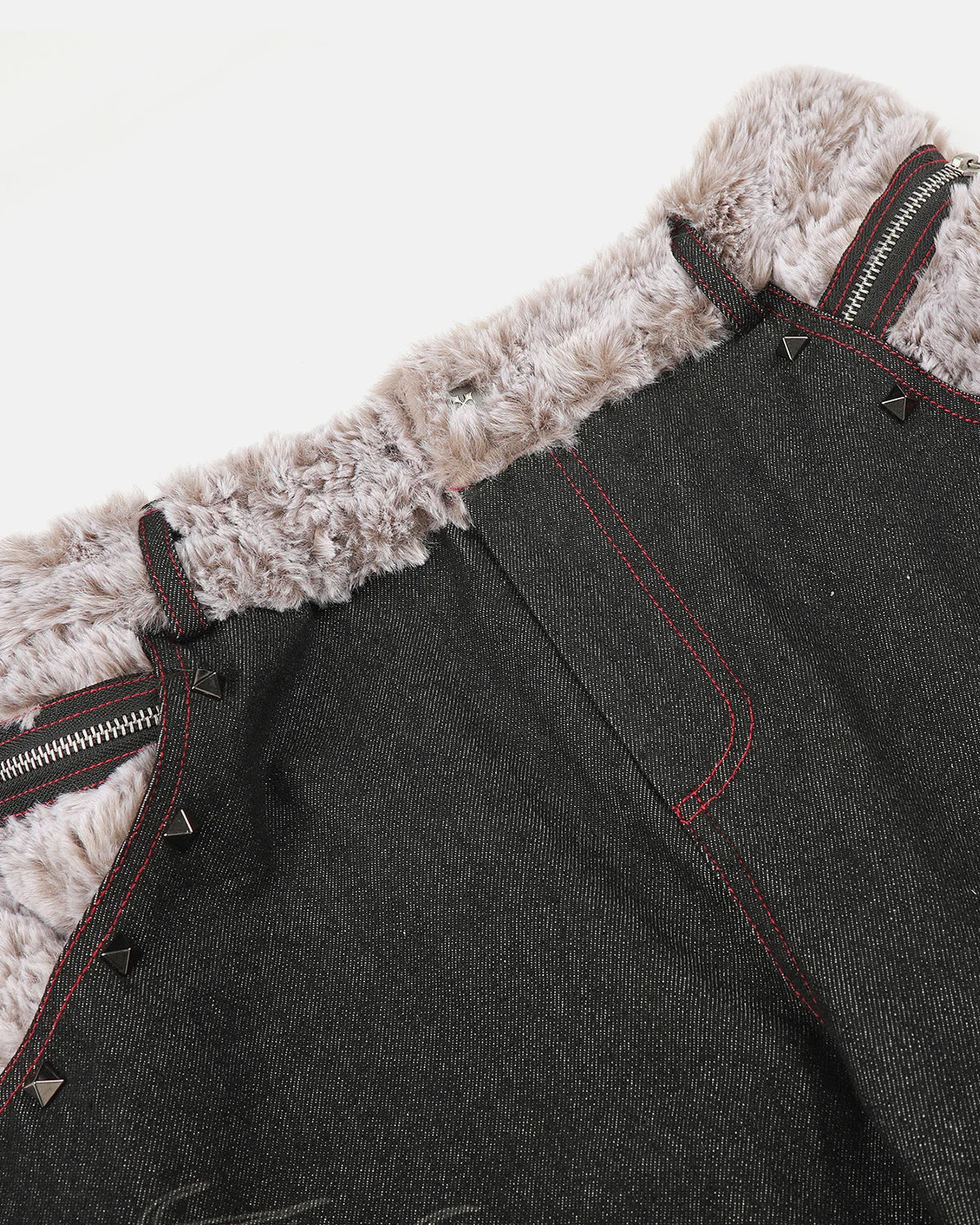 Omygoods Studded Faux Fur Waistband Baggy Jeans