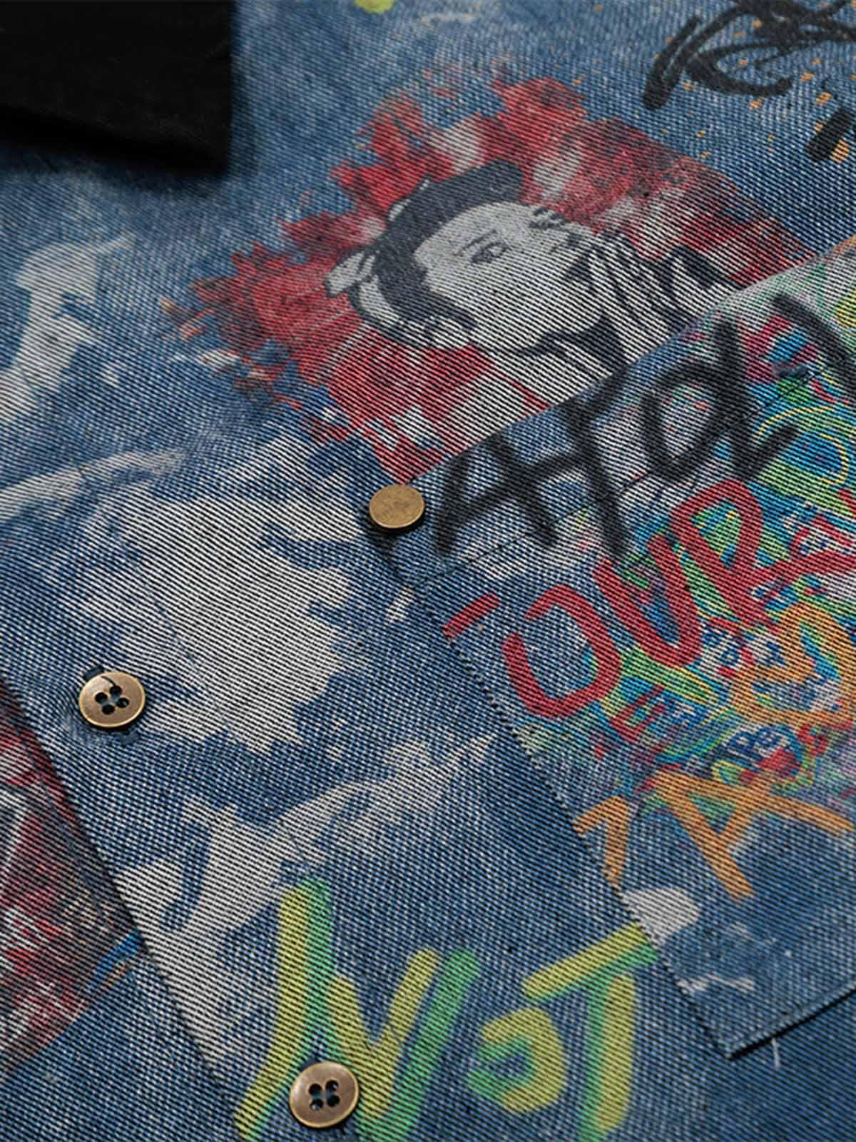Omygoods Tie-Dye Denim Graffiti Polo T-Shirt