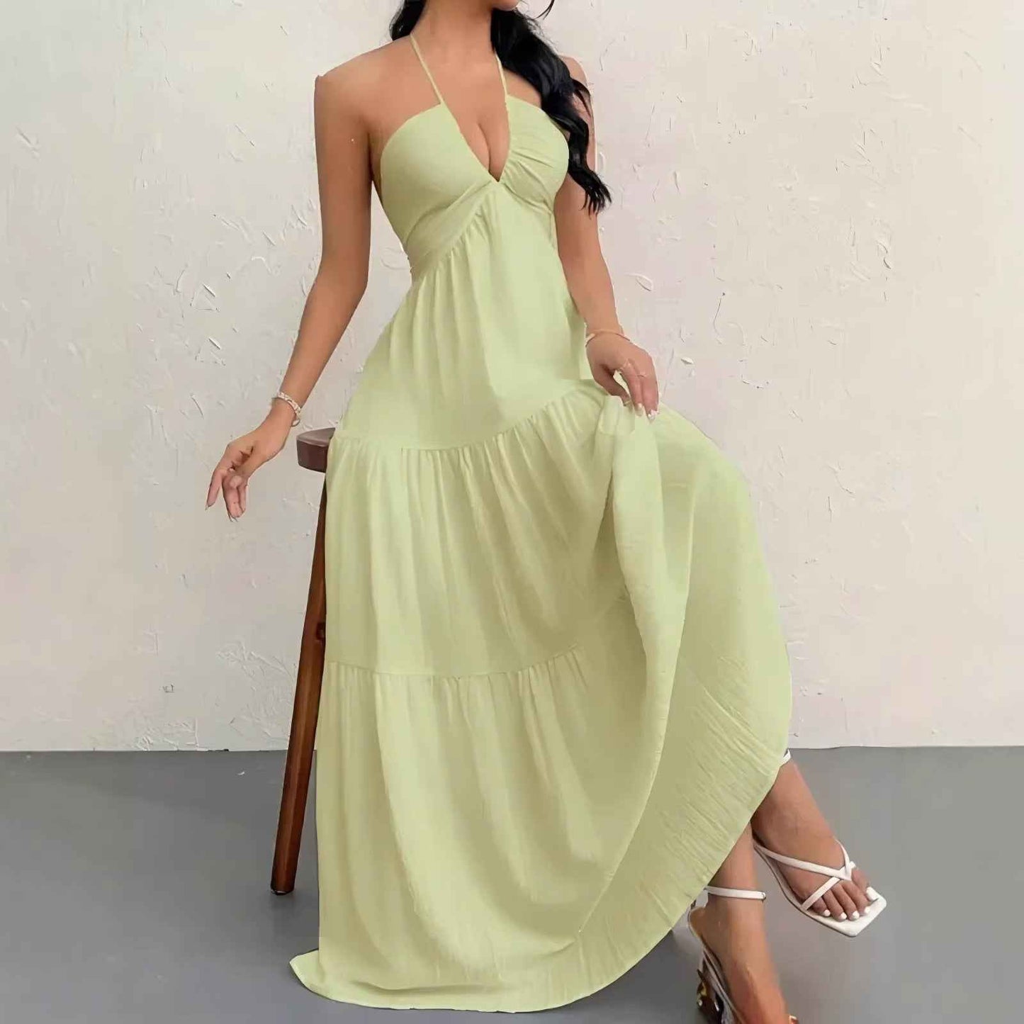 European and American Style Summer New Solid Color Strapless Sexy Backless Tie-Up Beach Vacation Casual Halter Neck Dress