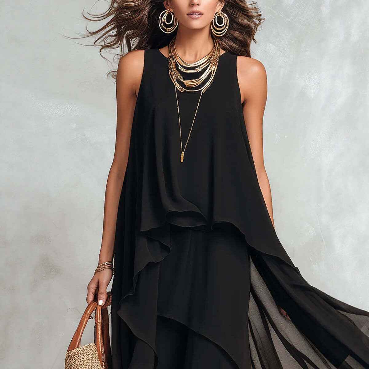 Chic Flowy Black Sleeveless Asymmetrical Chiffon Long Dress