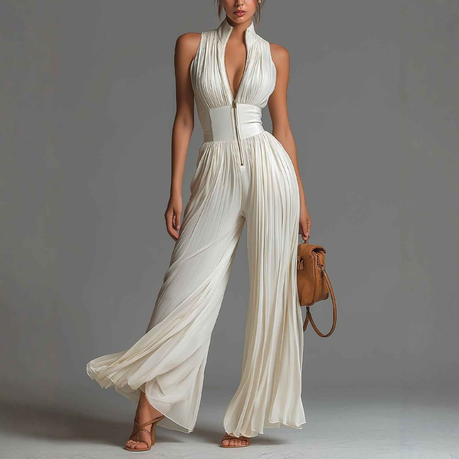 White Pleated Strap Neck Jumpsuit for Women, Long Wide Leg Fashion Sexy Folded Design