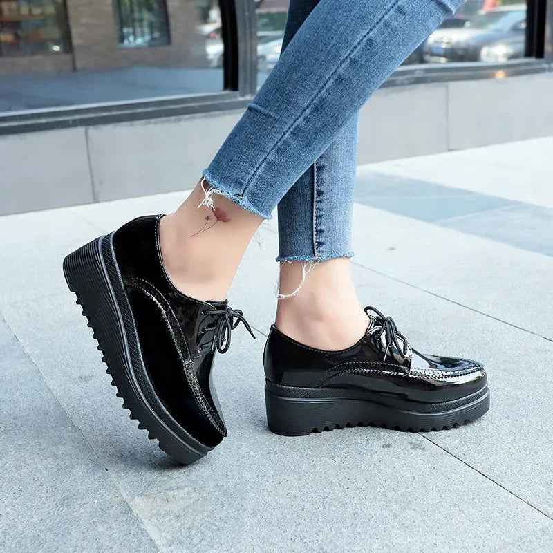 Women Oxford Lace Up Platform Shoes Black