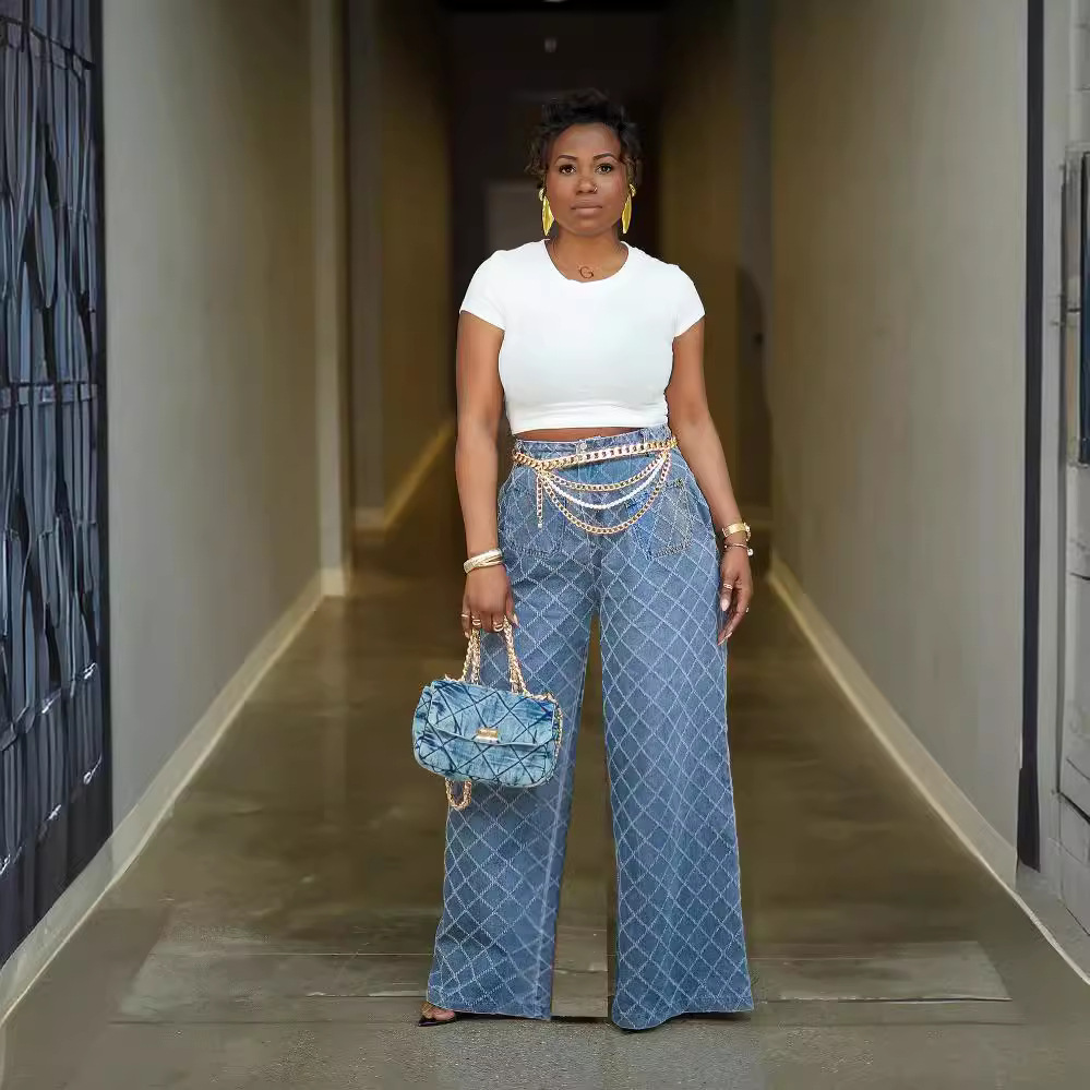 Grid Jacquard Washed High Waist Straight Leg Jeans