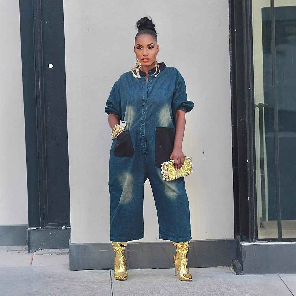Style Patchwork Color-Blocking Large Pocket Wide-Leg Jumpsuit