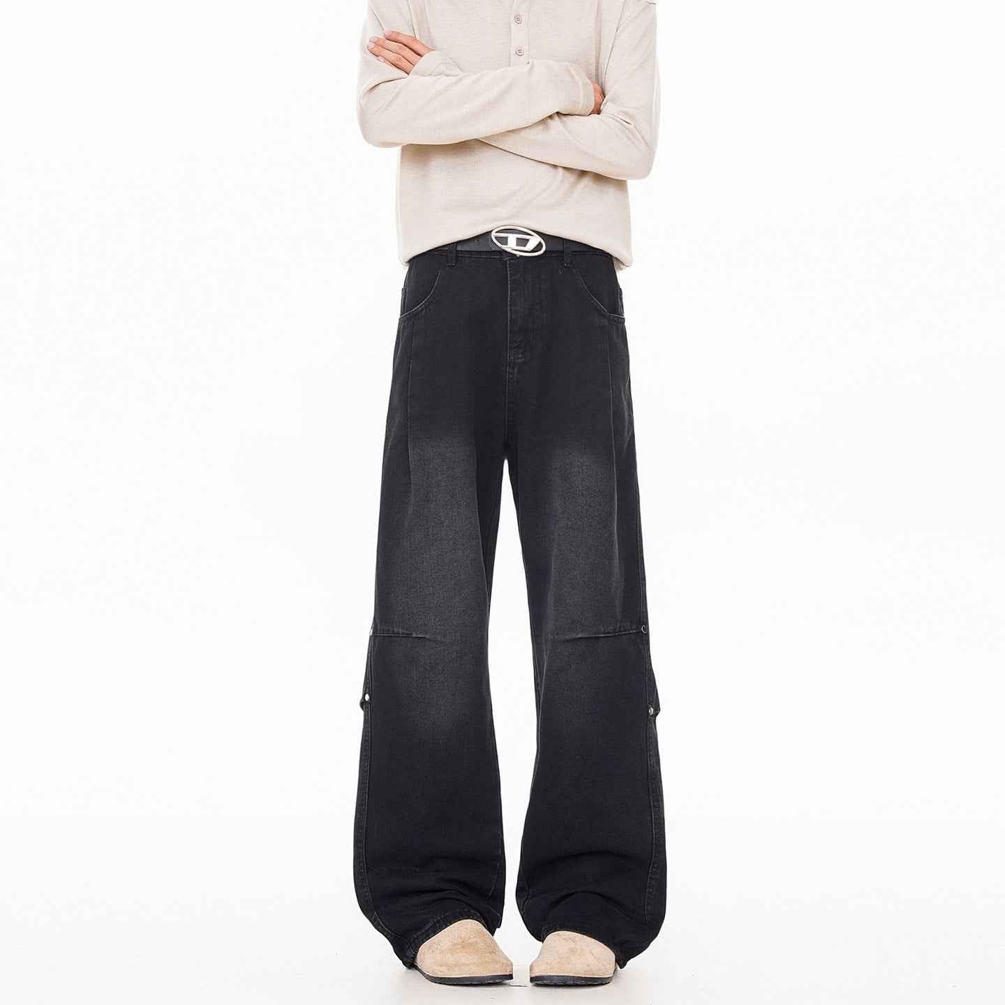 Streetwear Lightning Pattern Washed Denim Pants