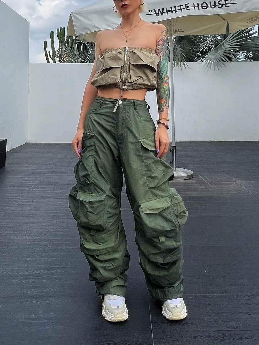 Solid Loose Pants For Women High Waist Patchwork Pockets Casual Streetwear Cargo Pant Female Fashion Clothing
