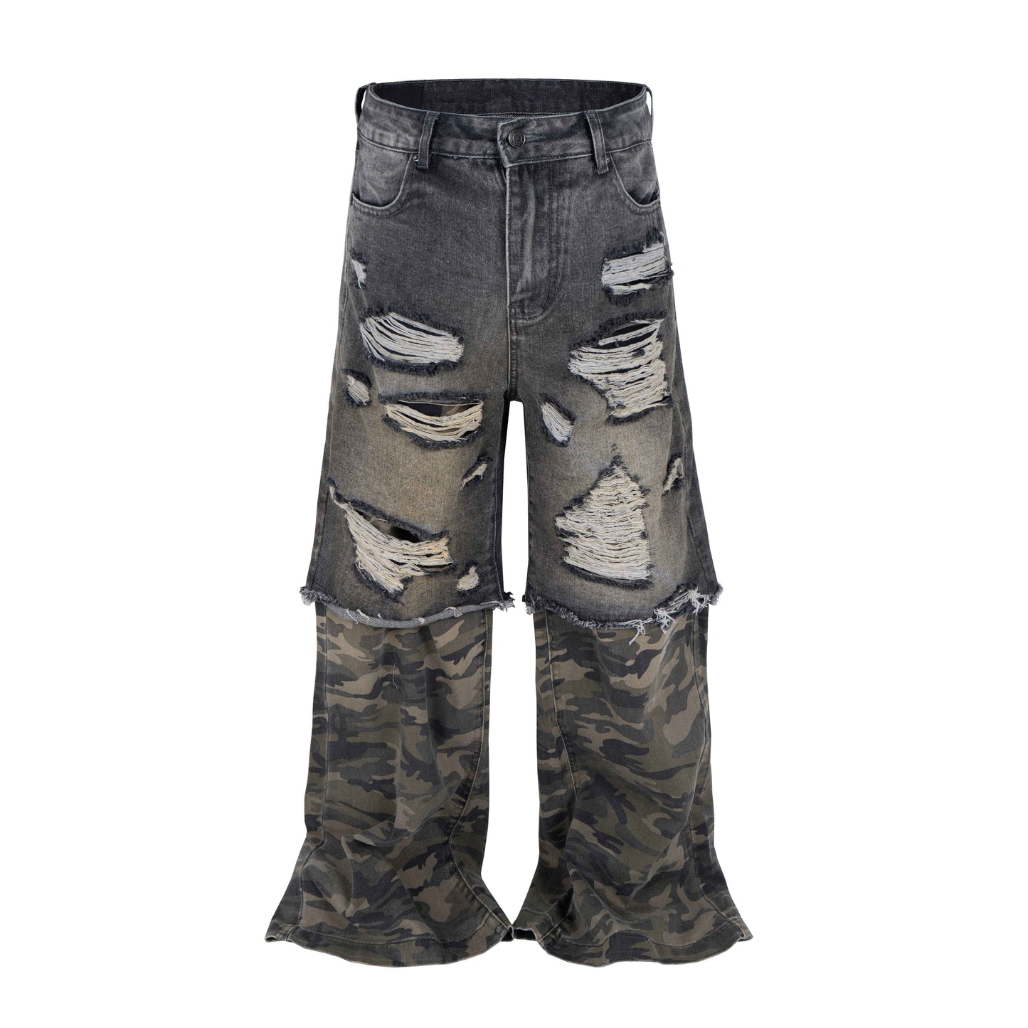 DISTRESSED SPLIT CAMO DENIM