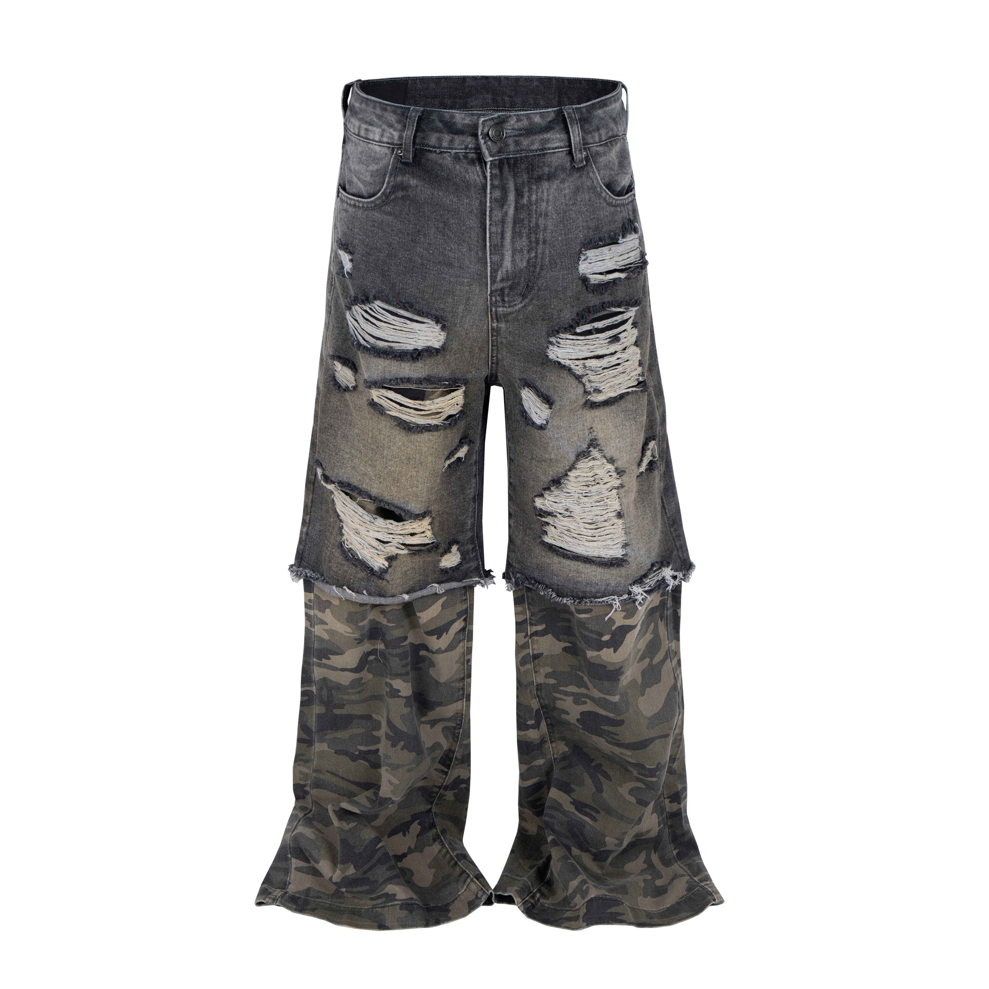 DISTRESSED SPLIT CAMO DENIM