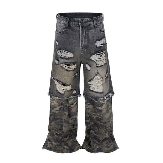 DISTRESSED SPLIT CAMO DENIM