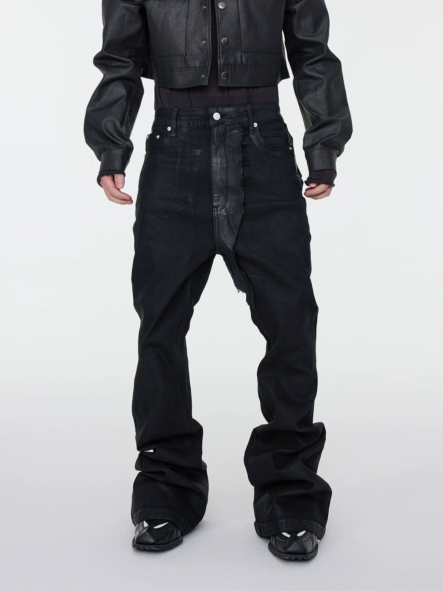 Black Wax Coated Flare Jeans