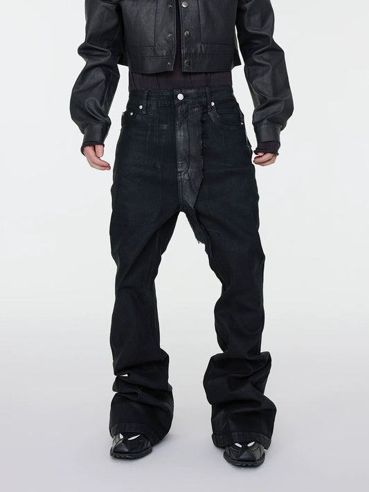 Black Wax Coated Flare Jeans