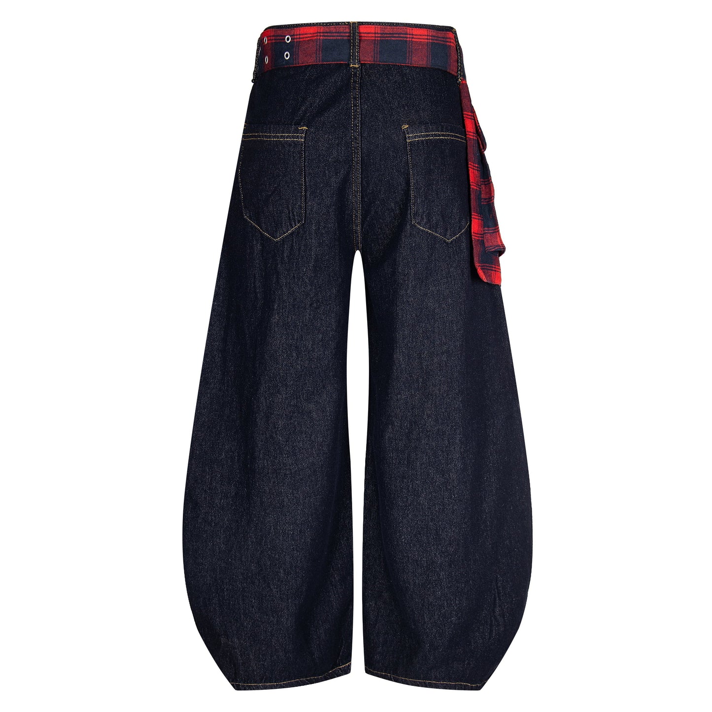 Plaid Reign | Wide-Leg Denim Trousers with Flannel Accent