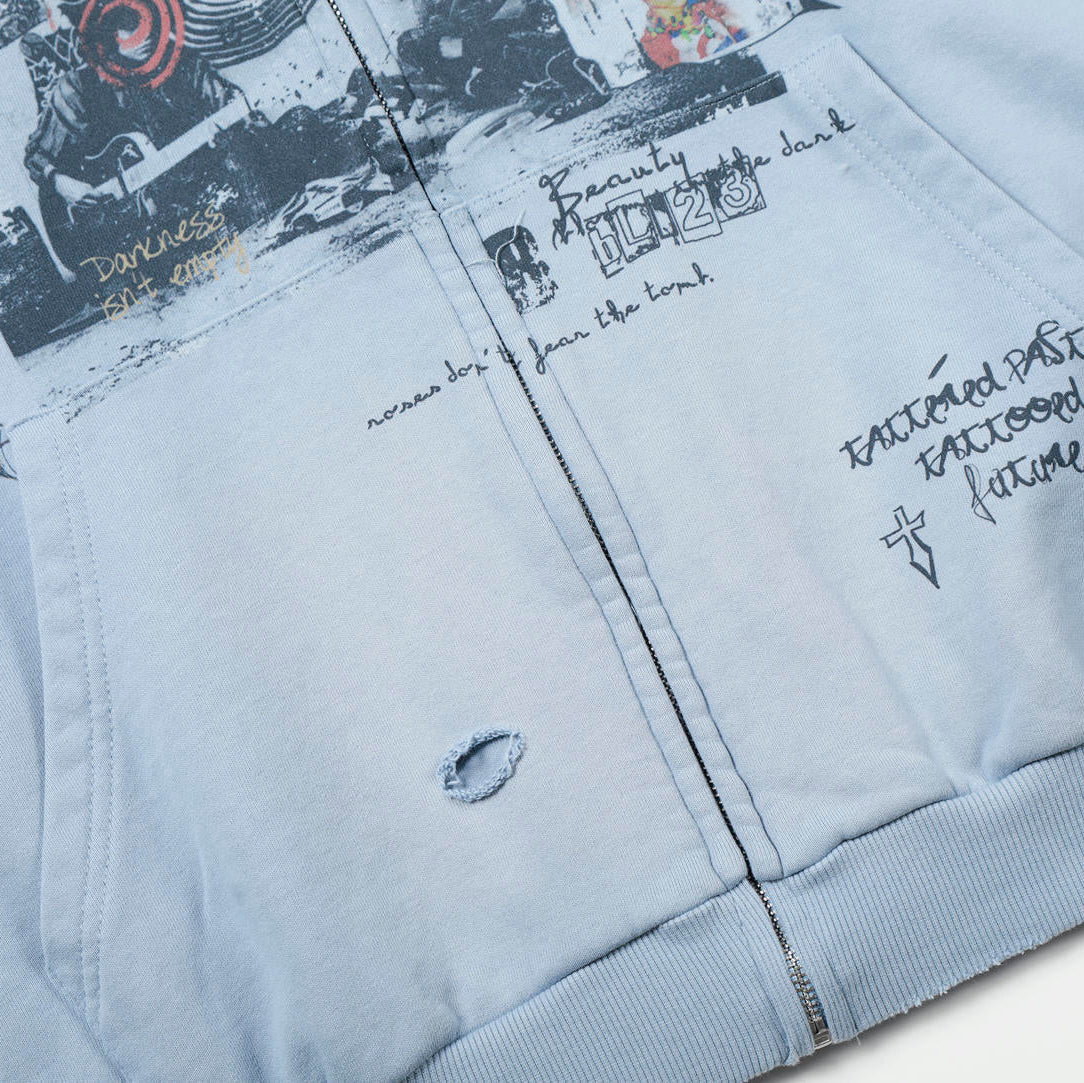 Faded Script Distress Zip Hoodie