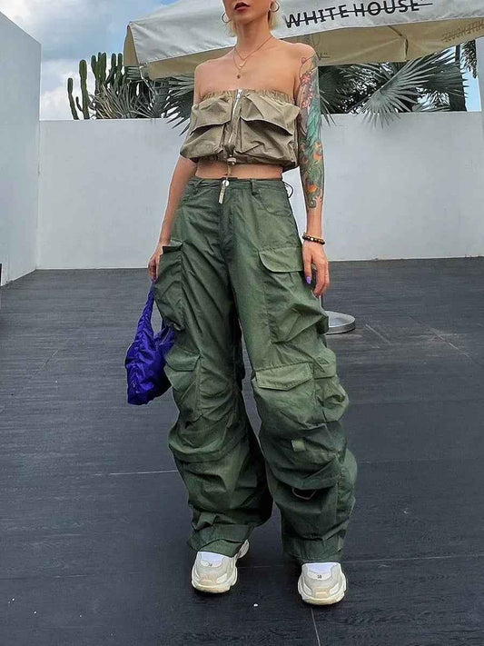 Solid Loose Pants For Women High Waist Patchwork Pockets Casual Streetwear Cargo Pant Female Fashion Clothing