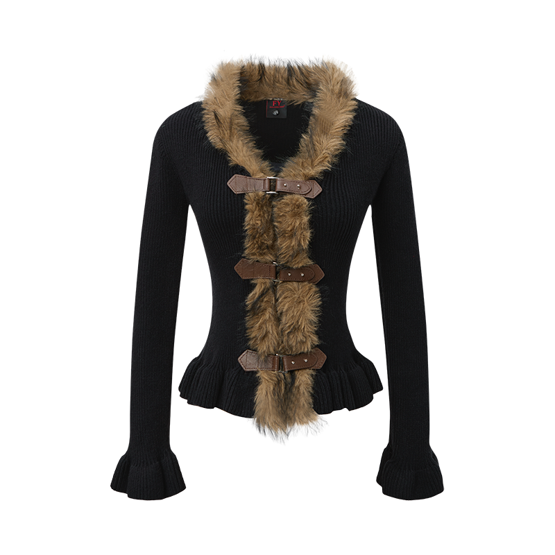 Buckled Fur | Knit Cardigan with Faux Trim